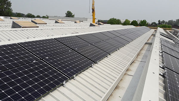 tetto di un capannone con fila di pannelli solari di un impianto fotovoltaico industriale